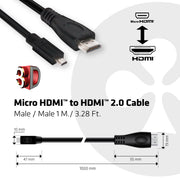 CLUB3D Micro HDMI to HDMI 2.0 4K60Hz Cable 1M / 3.28Ft