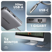 Axagon N HMC-5HL USB 5Gbps hub 2x USB-A HDMI 4k/60Hz RJ-45 GLAN PD 100W kabel USB-C