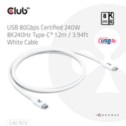 CLUB3D CAC-1572 USB-kablar USB4 Gen 2x2 1,2 m USB C 80 Gbit/s 240 W Vit