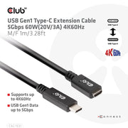 CLUB3D CAC-1531 USB-kablar 1 m USB C 2 x USB C 5 Gbit/s 60 W Svart