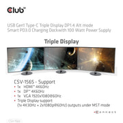 CLUB3D USB Gen1 Type-C Triple Display DP1.4 Alt mode Smart PD3.0 Charging Dock with