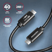 Axagon BUCM4X-CM10AB USB-kablar USB4 Gen 3x2 1 m USB C 40 Gbit/s 240 W Svart
