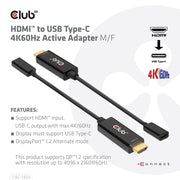 CLUB3D CAC-1333 videokabeladapter 0,22 m HDMI Typ A (standard) USB Type-C Svart