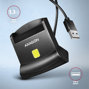 Axagon Universal desktop USB contact Smart/ID card reader with long USB-A cable.