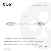 CLUB3D CAC-1572 USB-kablar USB4 Gen 2x2 1,2 m USB C 80 Gbit/s 240 W Vit