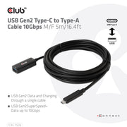 CLUB3D CAC-1536 USB-kablar USB 3.2 Gen 2 (3.1 Gen 2) 5 m USB C USB A 10 Gbit/s Svart