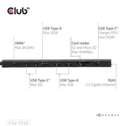 CLUB3D CSV-2550 dockningsstationer för bärbara datorer Kabel USB Type-C Svart