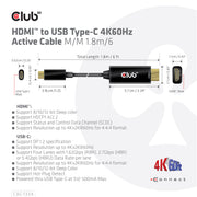CLUB3D CAC-1334 videokabeladapter 1,8 m HDMI Typ A (standard) USB Type-C Svart