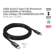 CLUB3D USB4 Gen3x2 Type-C Bi-Directional Cable 8K60Hz or 4K120Hz
