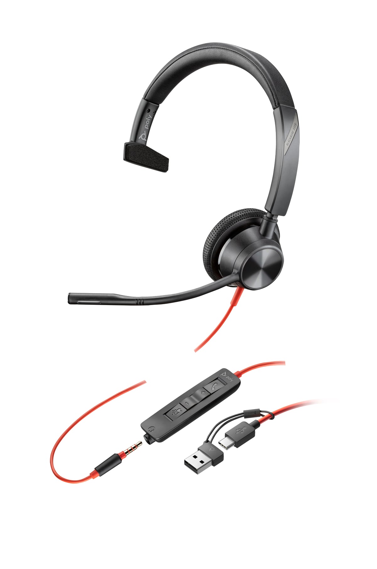 HP Poly Blackwire 3315 Monaural USB-C Headset + 3,5 mm-kontakt + USB-C/A-adapter